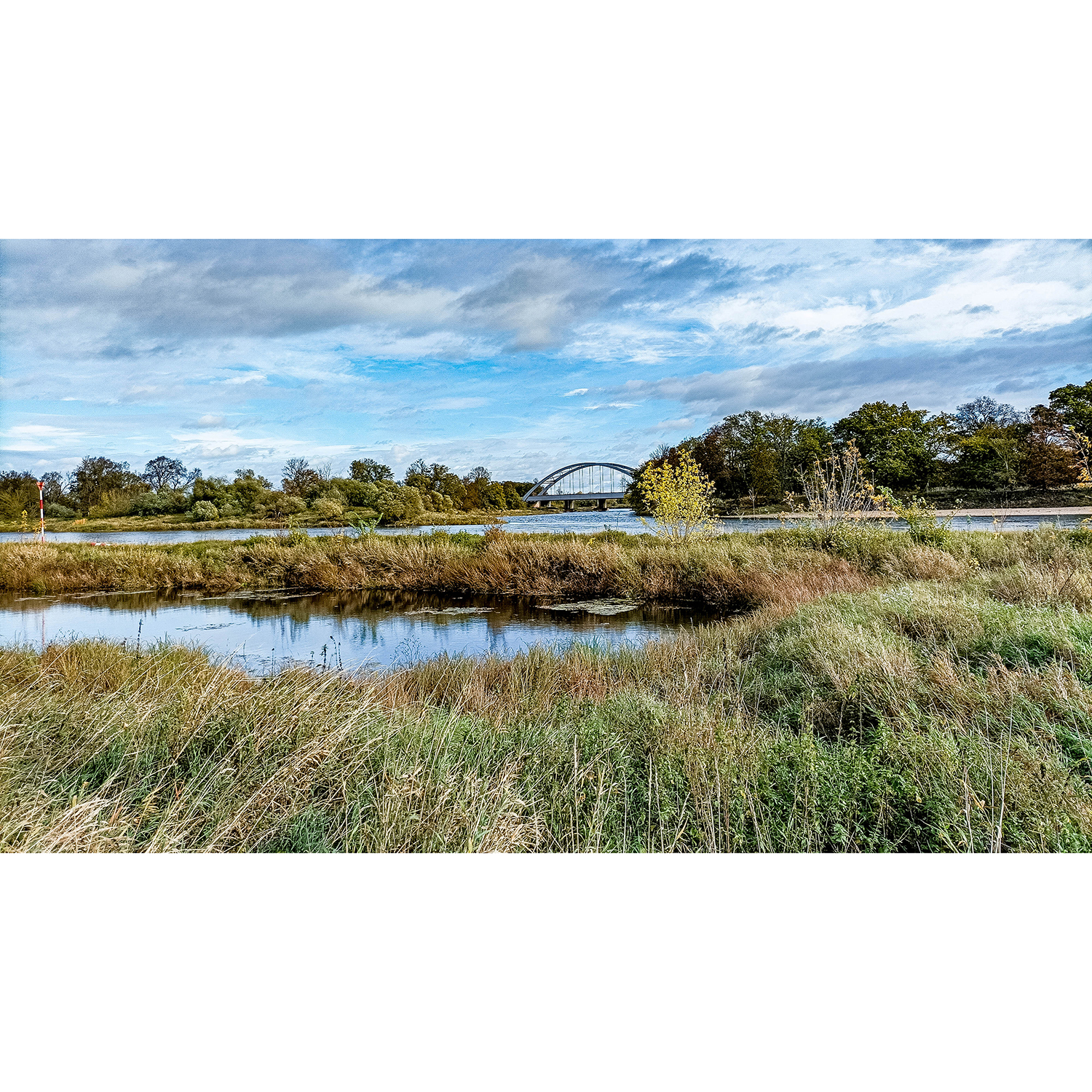13-Dessau-Roßlau-Roßlau - Unterluch-Ostbereich - Blick nach Nordosten auf Elbe gewässeraufwärts & Einmündung Mulde & Muldebrücke Dessau - B 184