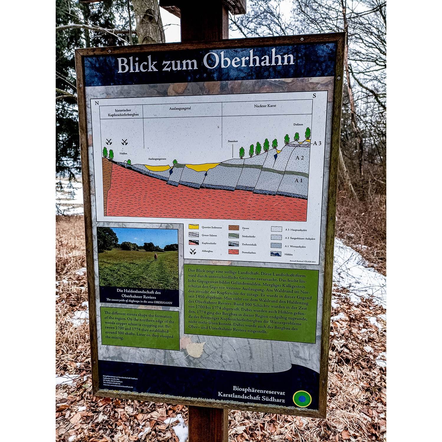 12-Südharz-Uftrungen-Nahtstelle Waldgebiet am Seeberg & Geiersberg -Karstwanderweg - Blick nach Nordosten auf Informationstafel - Blick zum Oberhahn